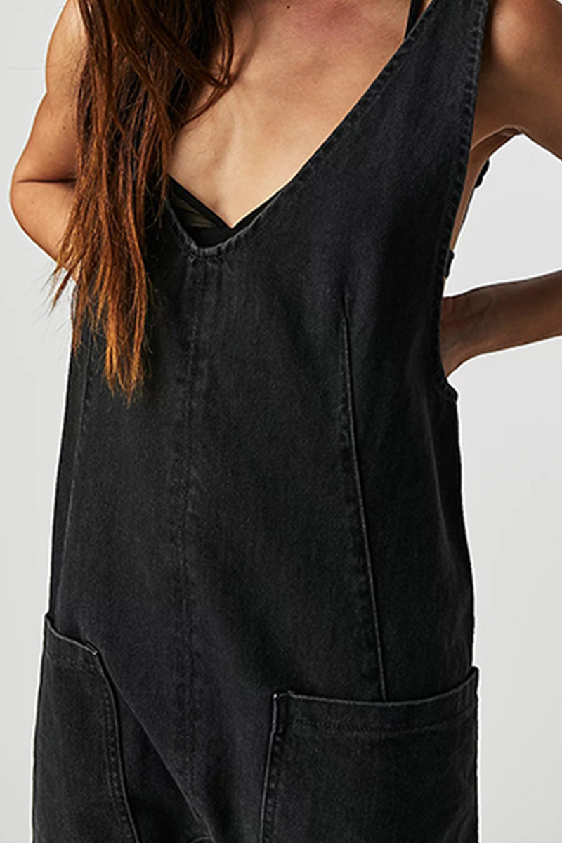 Women's V-Neck and Pockets Strap Denim Overalls