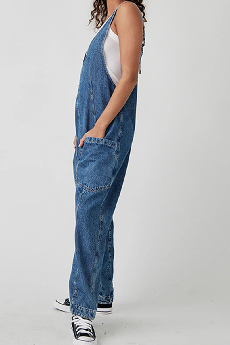 Women's V-Neck and Pockets Strap Denim Overalls