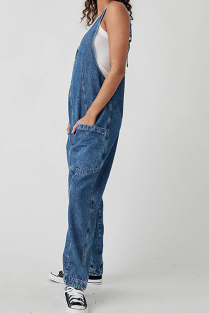Women's V-Neck and Pockets Strap Denim Overalls