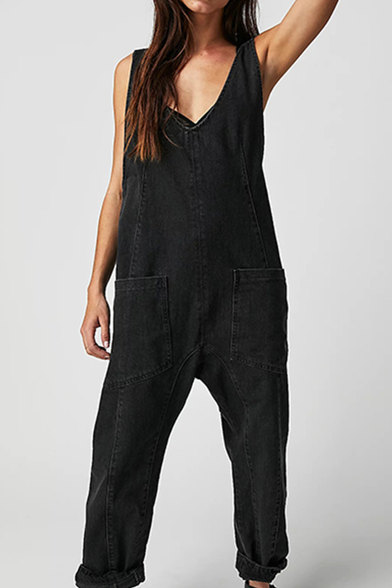 Women's V-Neck and Pockets Strap Denim Overalls