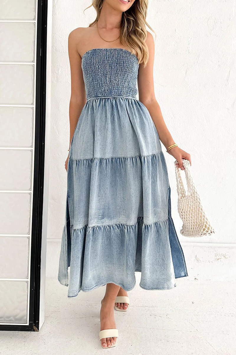 Women's Elegant Hemline Side Slit Bustier Denim Cake Dress