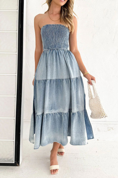Women's Elegant Hemline Side Slit Bustier Denim Cake Dress