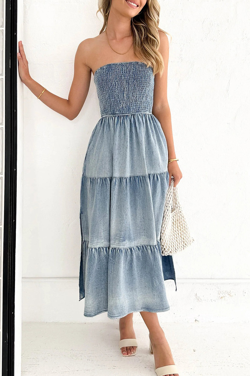Women's Elegant Hemline Side Slit Bustier Denim Cake Dress