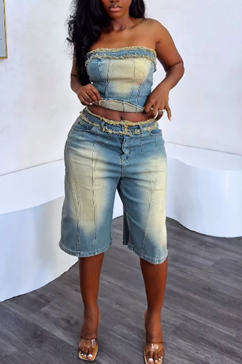 Distressed Trim Bustier Top + High Waist Denim Shorts Set