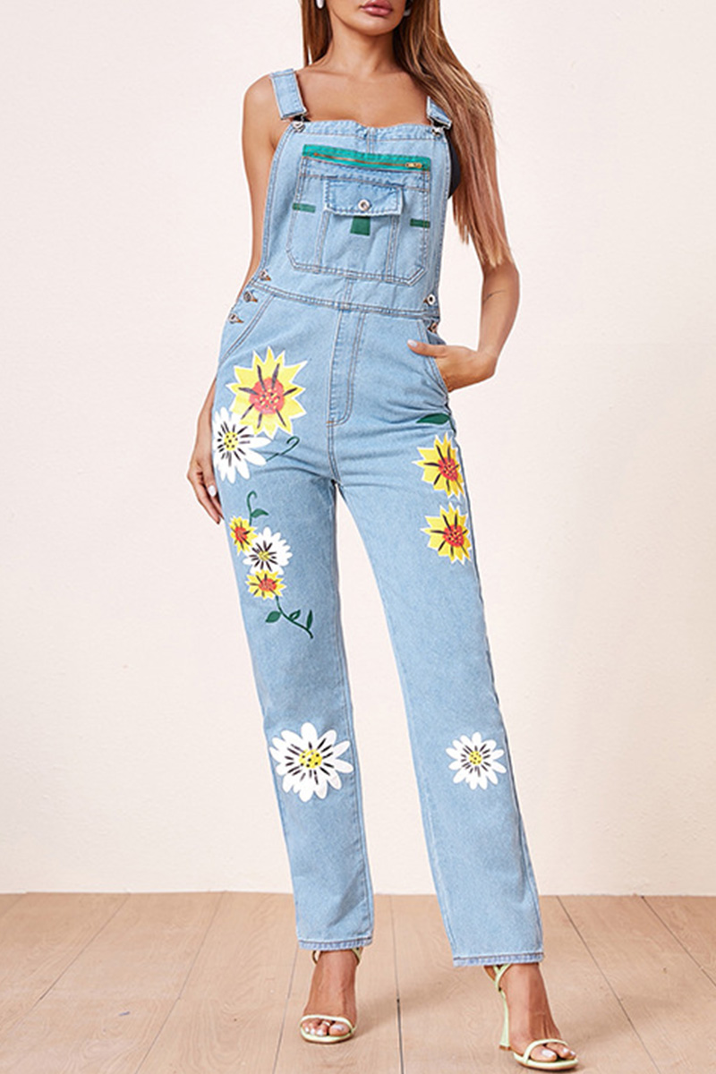 Women's Fashionable Floral Denim Overalls