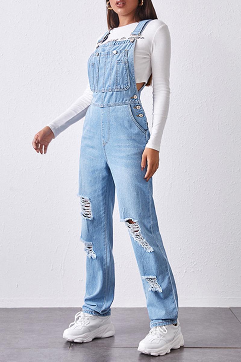Women's Casual Wash Ripped Denim Overalls