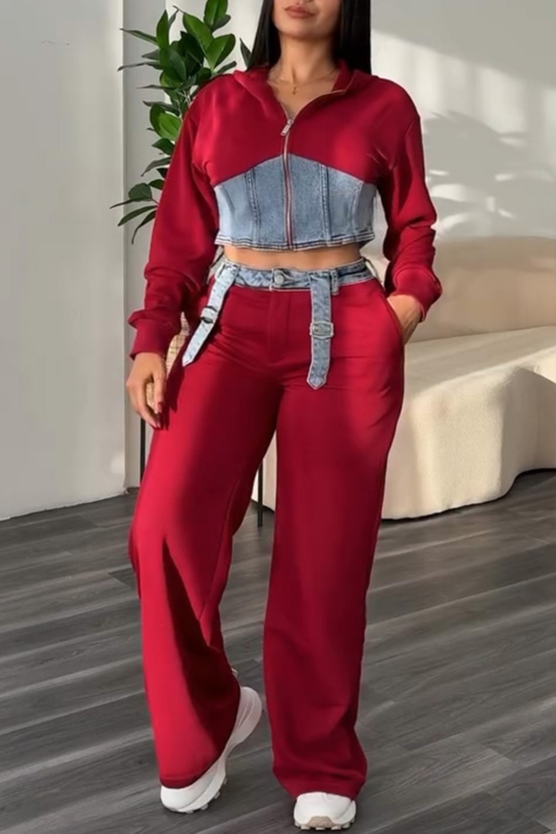 Women's Denim Patchwork Hoodie + Casual Pants Sets