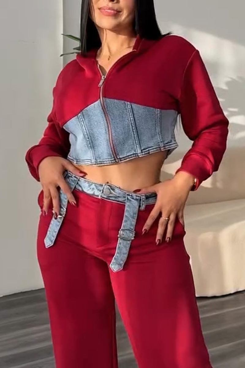 Women's Denim Patchwork Hoodie + Casual Pants Sets