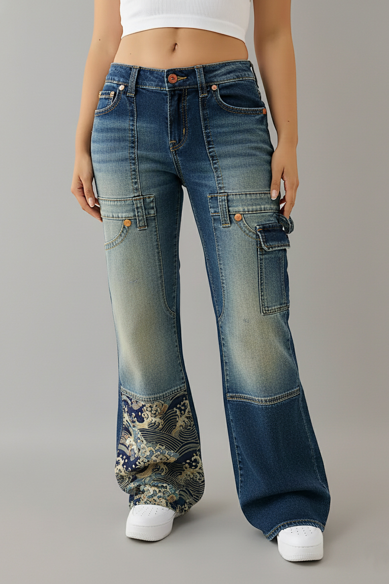 Women's Fashionable Casual Studded Heat Transfer Pattern Jeans