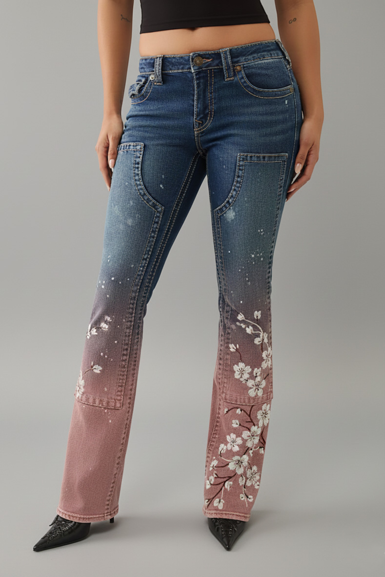 Women's Casual Gradient Print Patchwork Flared Jeans