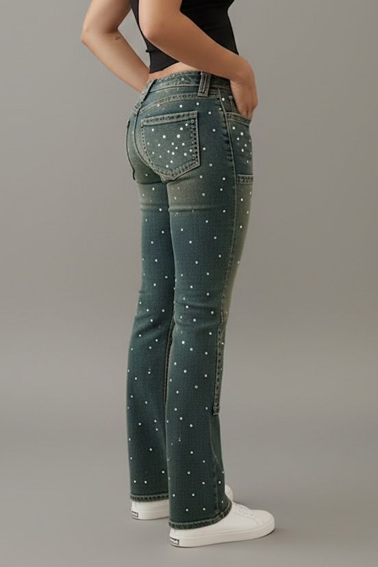 Women's Casual Gradient Rhinestone Patchwork Flared Jeans