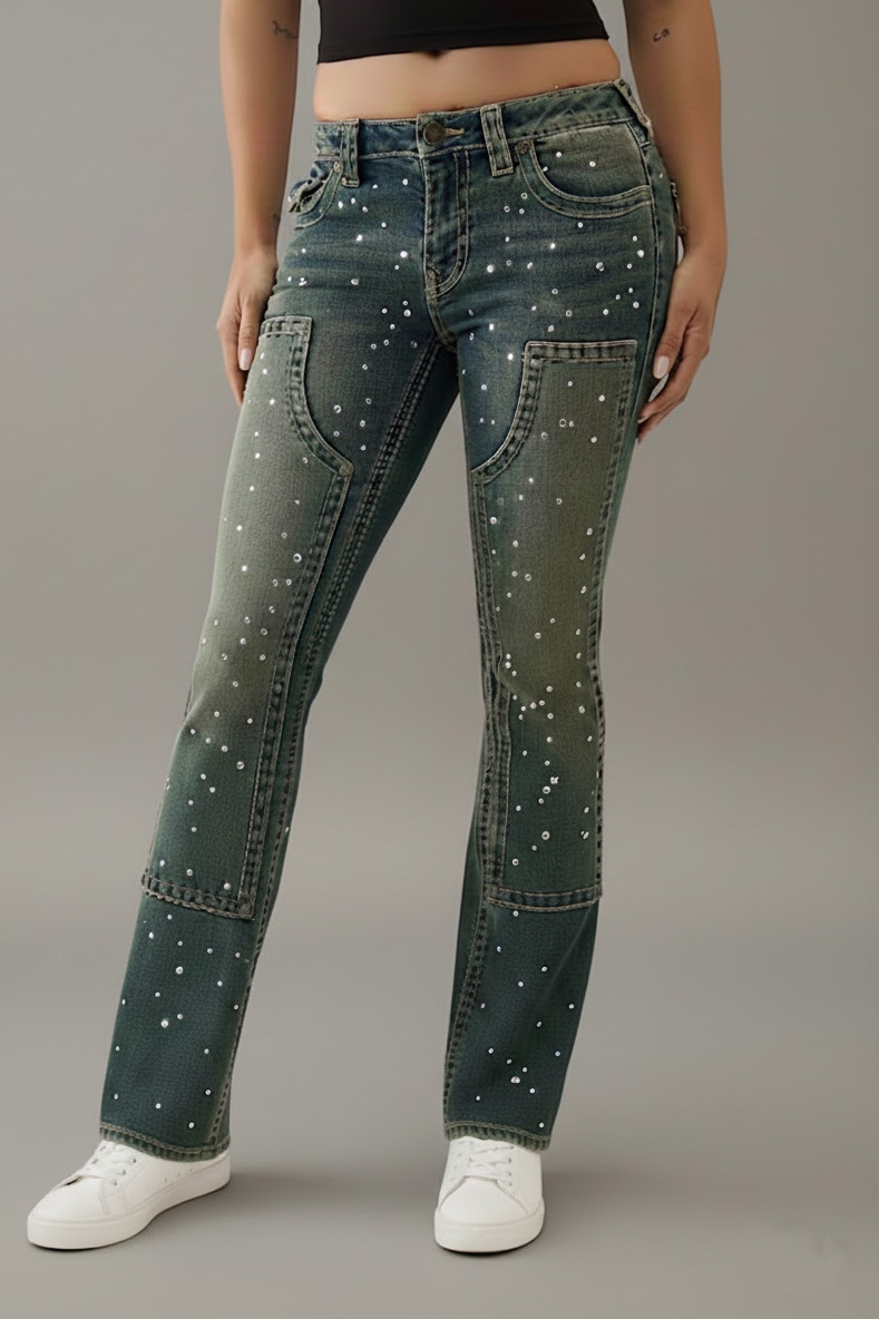Women's Casual Gradient Rhinestone Patchwork Flared Jeans