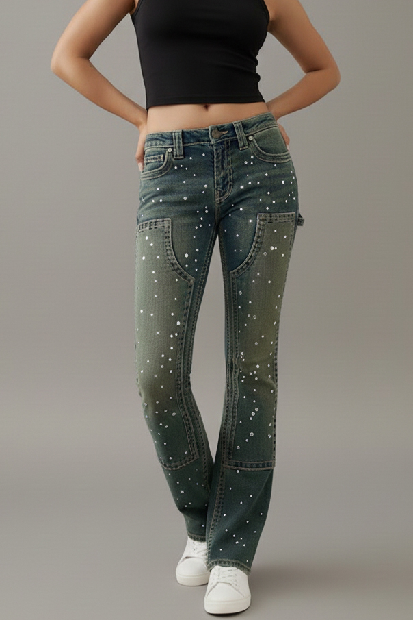 Women's Casual Gradient Rhinestone Patchwork Flared Jeans