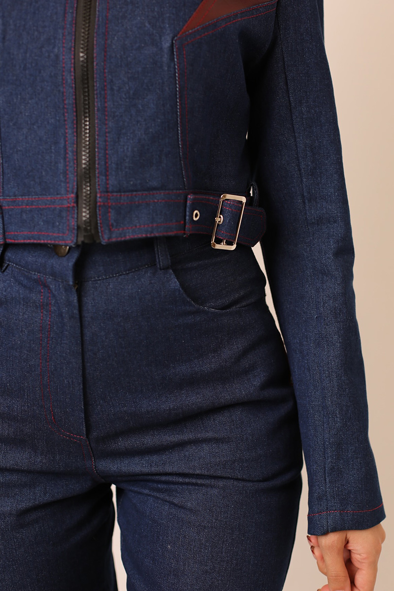Women Leather Patchwork Cropped Jacket + Modern Jeans Sets