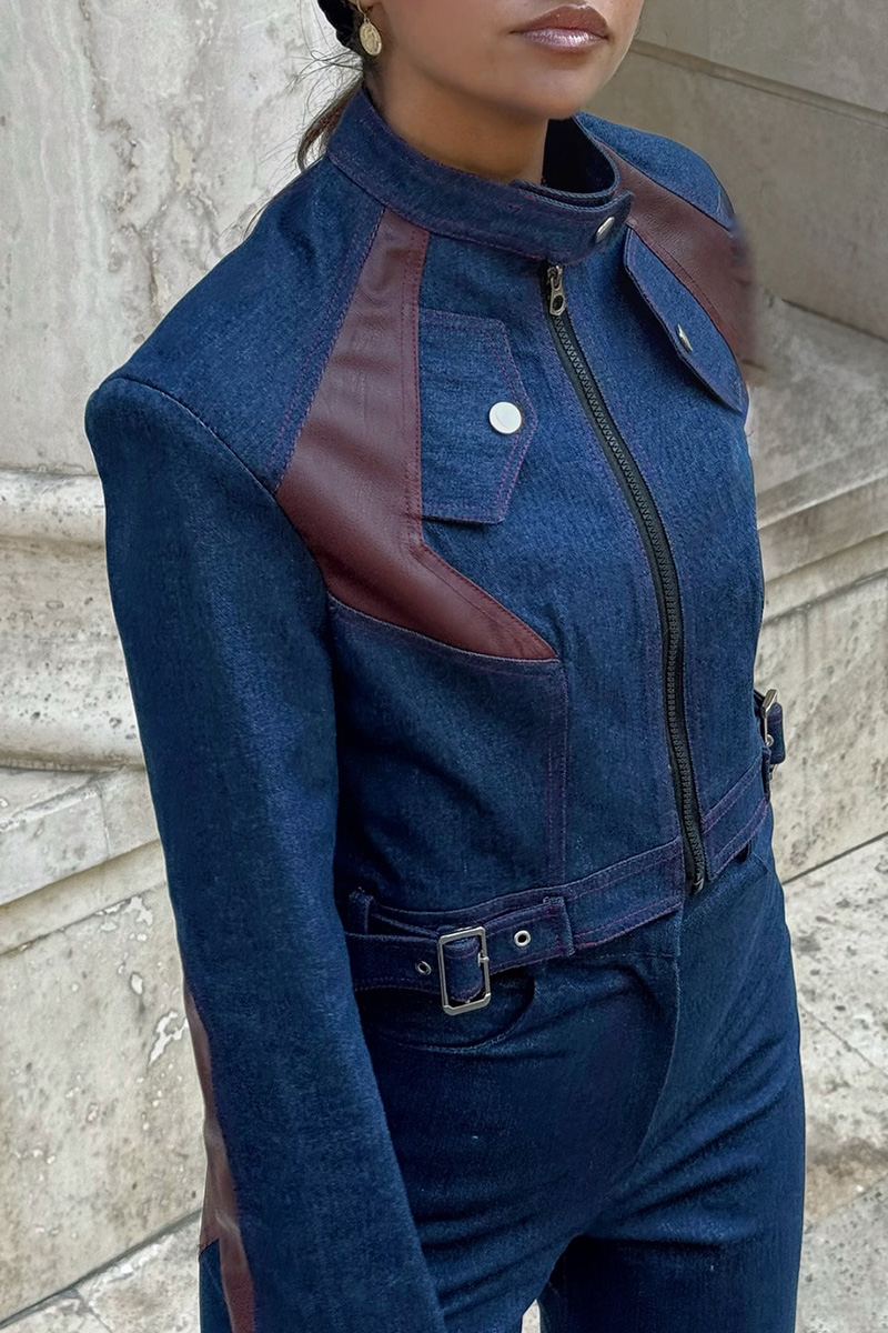 Women Leather Patchwork Cropped Jacket + Modern Jeans Sets