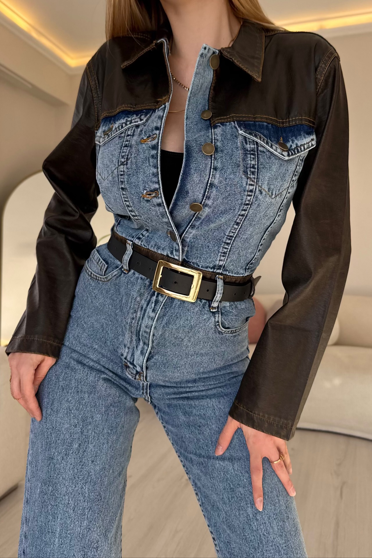 Women's Must-Have Essential Leather Patchwork Jumpsuit