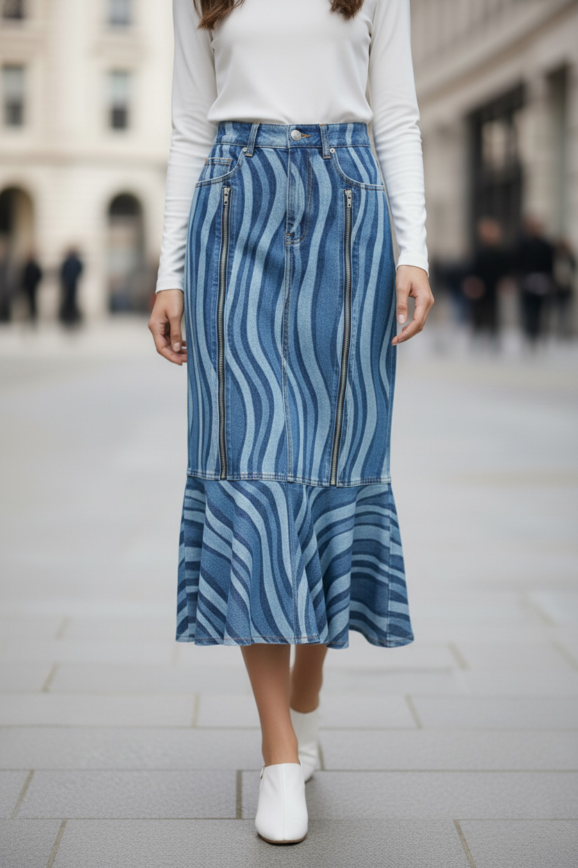 Women's Casual Printed Zipper Denim Skirt