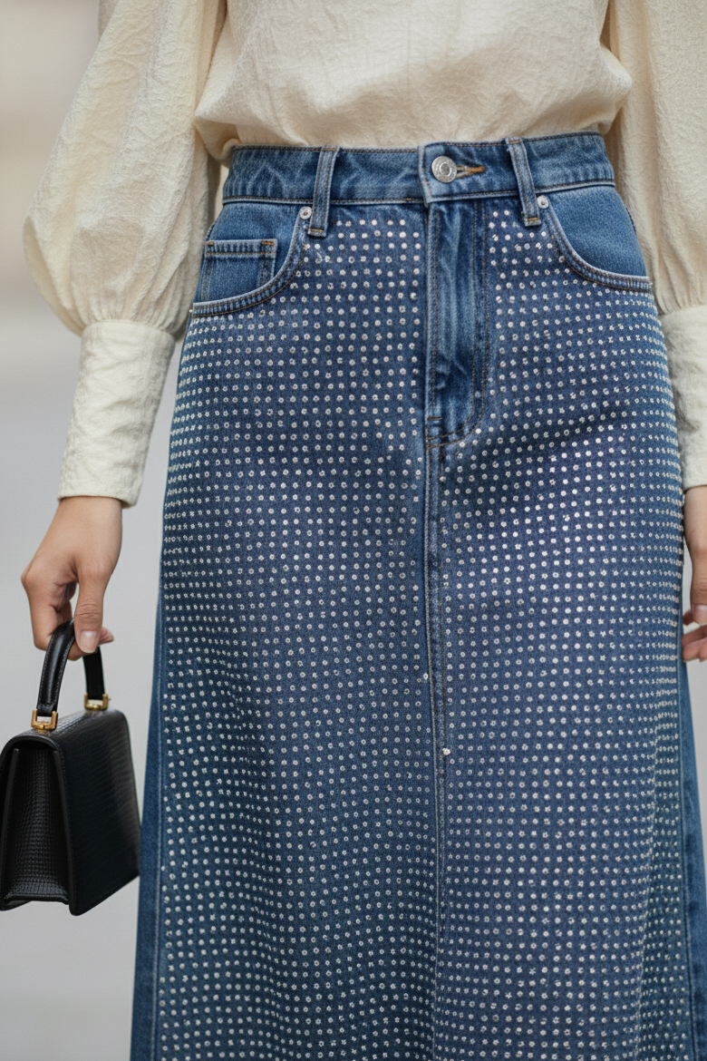 Women's Casual Rhinestone Denim Long Skirt