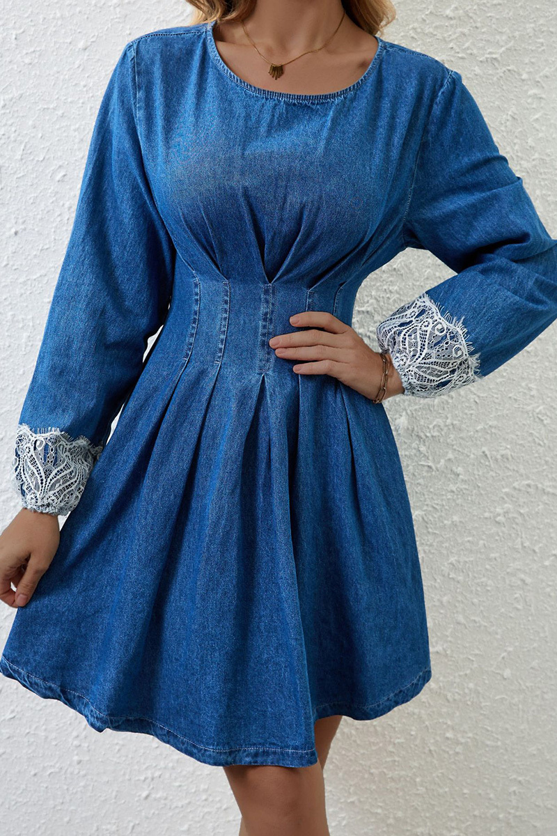 Women's Elegant Waist Defining Denim Maxi Dress With Long Sleeves