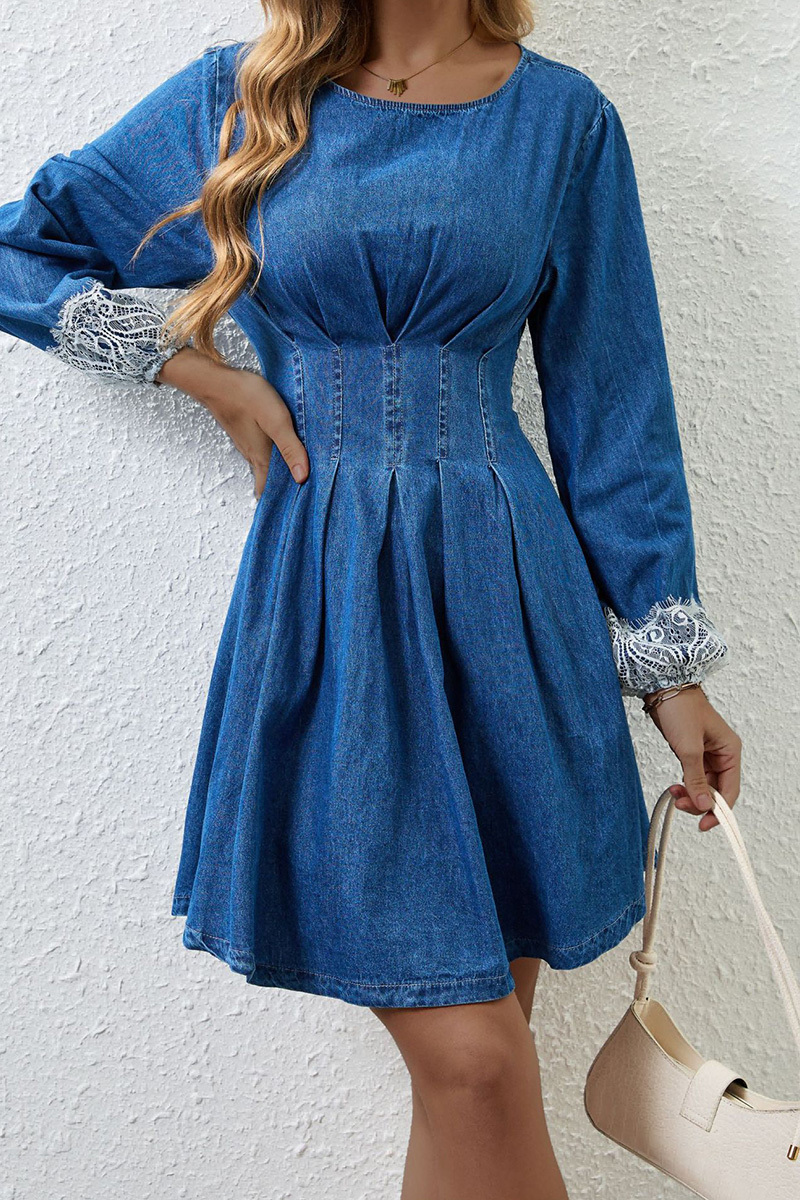 Women's Elegant Waist Defining Denim Maxi Dress With Long Sleeves