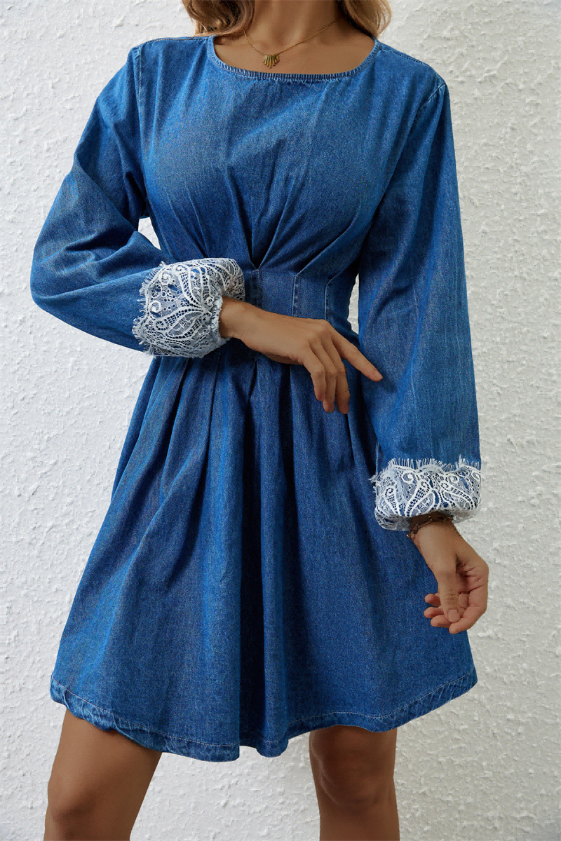 Women's Elegant Waist Defining Denim Maxi Dress With Long Sleeves