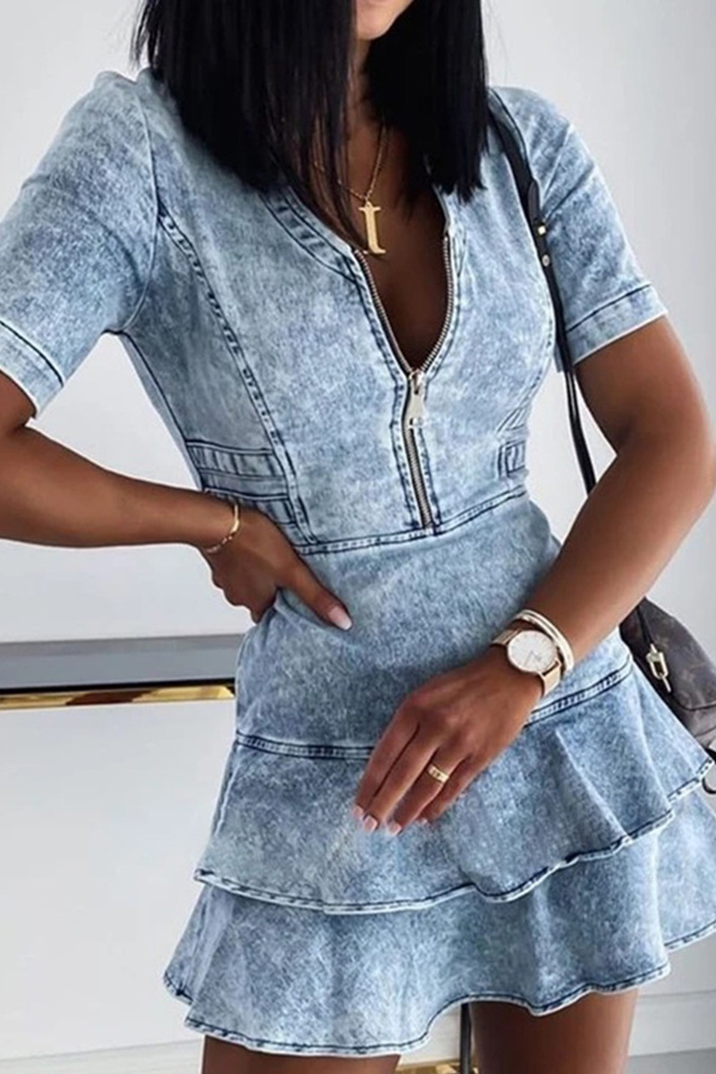 Ladies Casual V-Neck Short Sleeve Denim Mini Dress