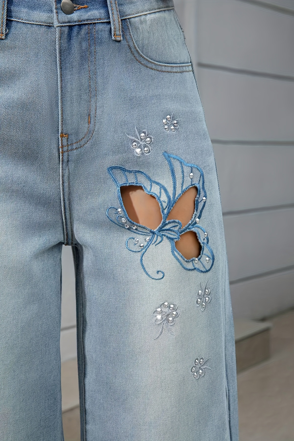 Women's Casual Rhinestone Embroidered Hollow Out Wide Leg Jeans