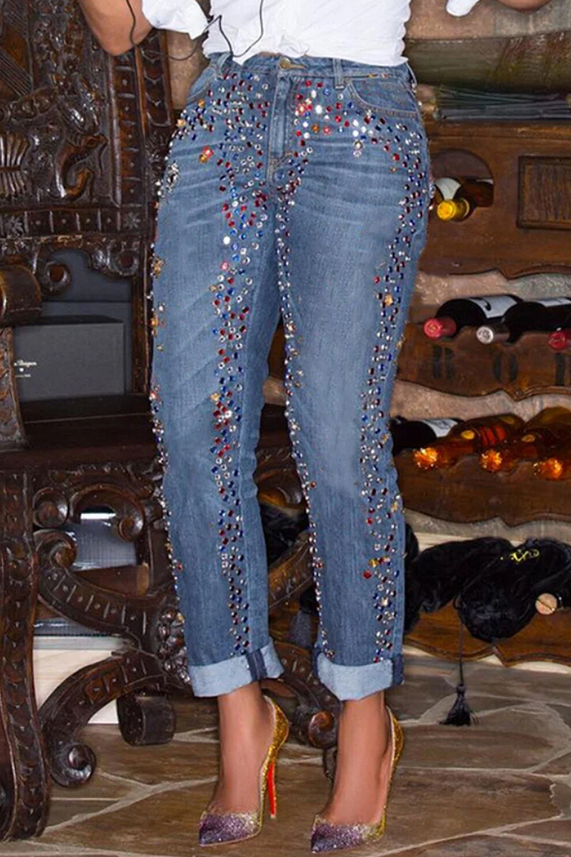 Women's daily  Rhinestones casual perforated pocket denim jeans