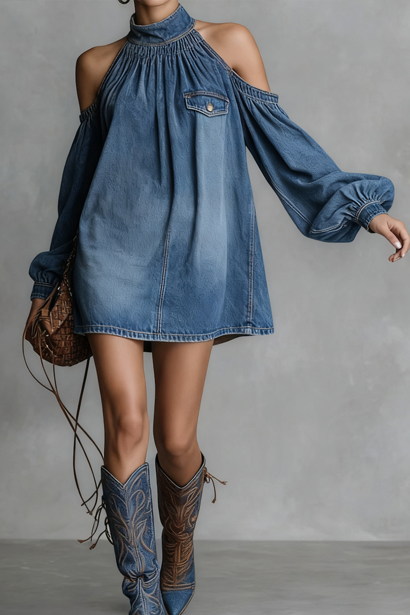 Ladies' Fashionable Urban Solid Color Stand Up Collar Mini Denim Dress