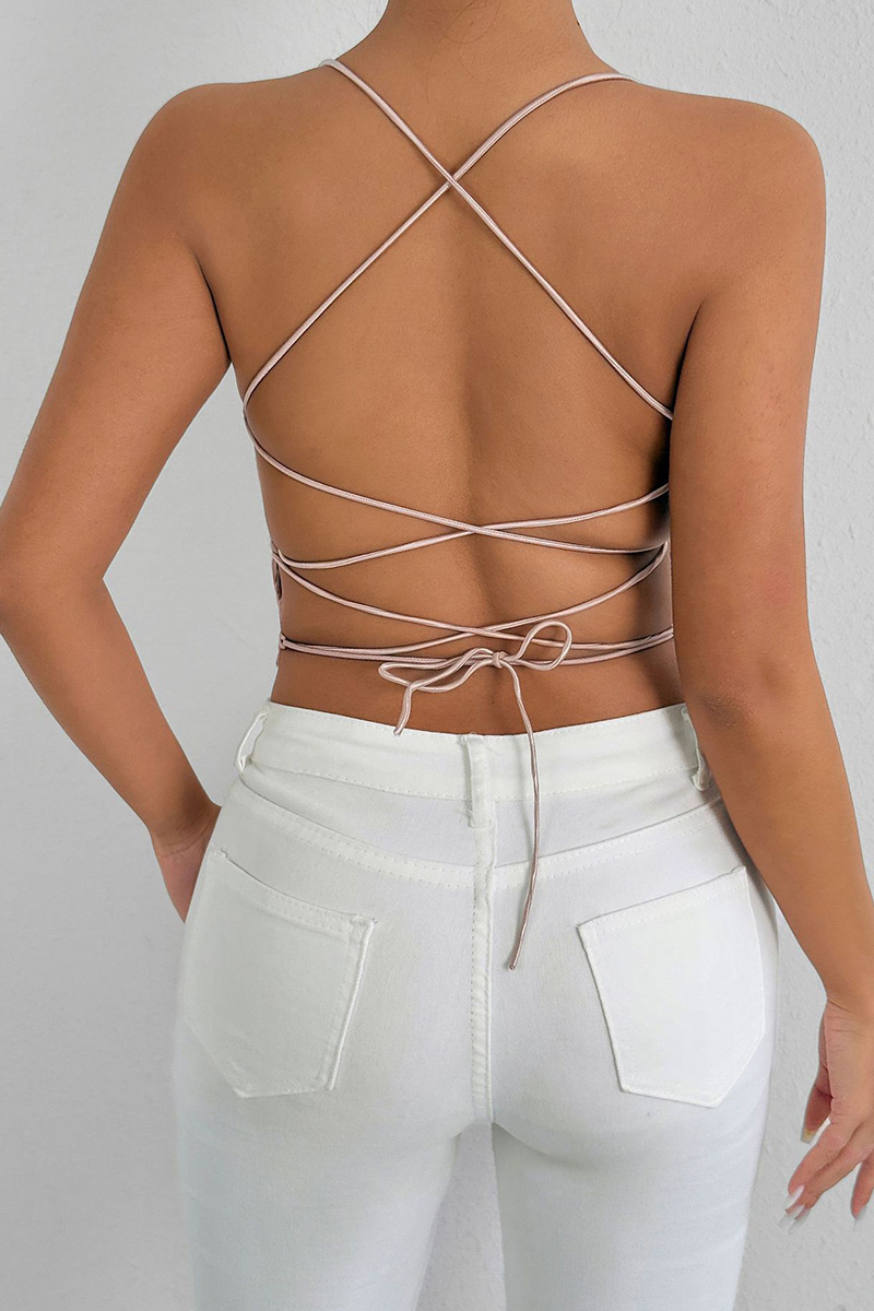 Stylish Backless Halter Top With Lace Up Detail