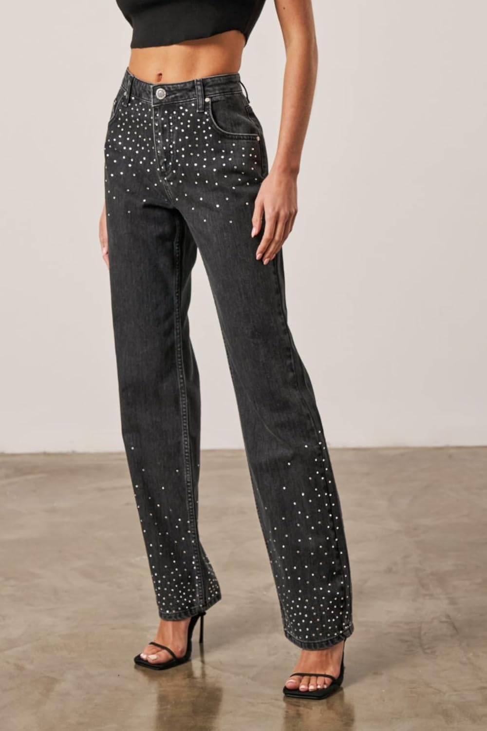 Women's Casual Rhinestone Embellished Straight Leg Jeans