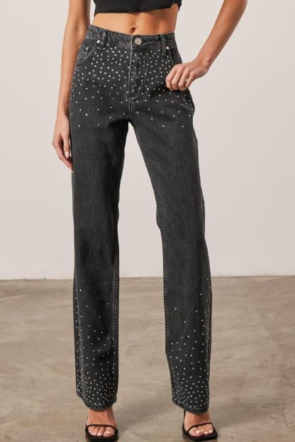 Women's Casual Rhinestone Embellished Straight Leg Jeans