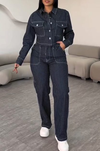 Ladies' Striped Short Jacket + Coordinated Striped Jeans  Sets