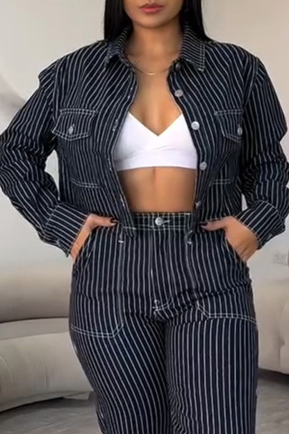 Ladies' Striped Short Jacket + Coordinated Striped Jeans  Sets