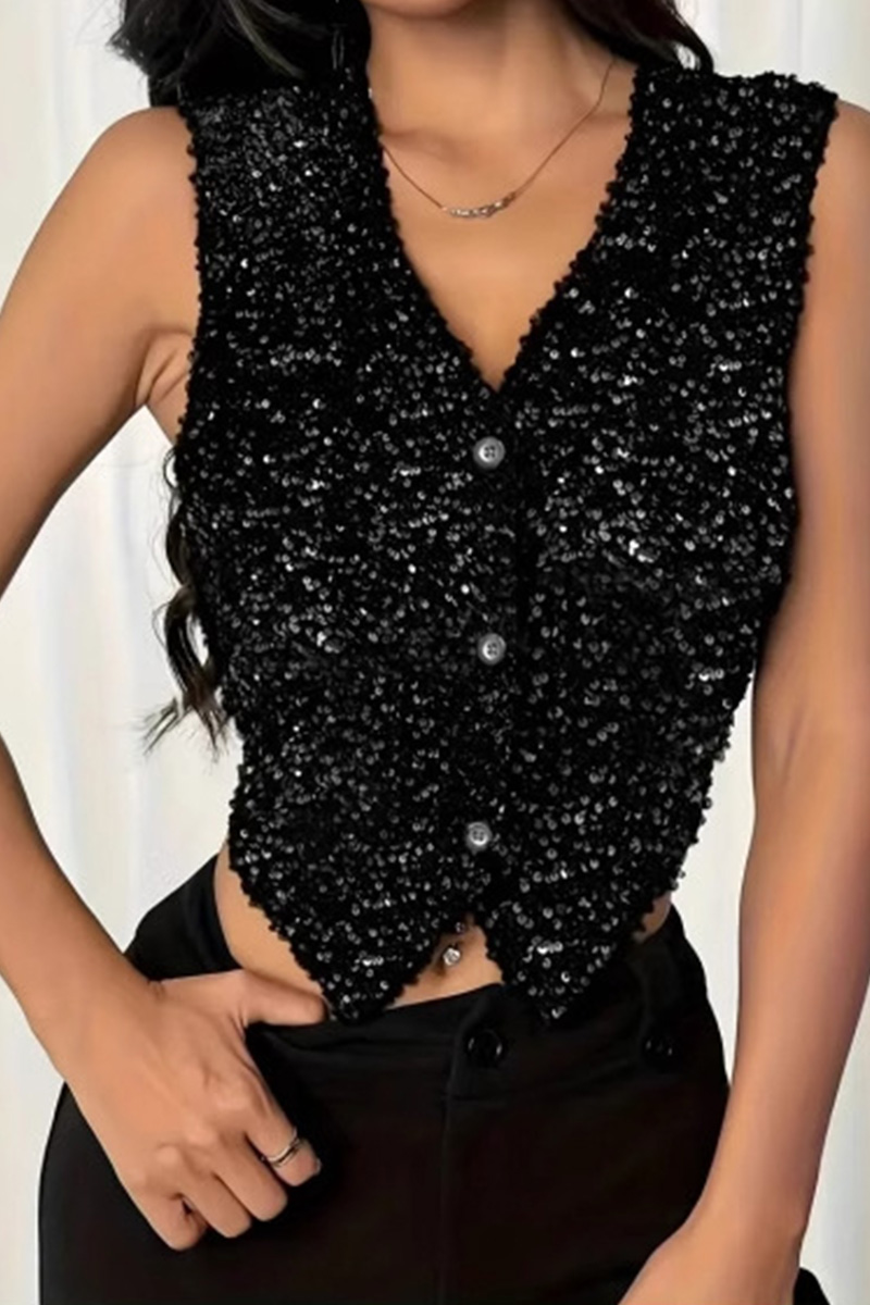 Ladies Heavy Industry Sequin Paneled V-Neck Vest