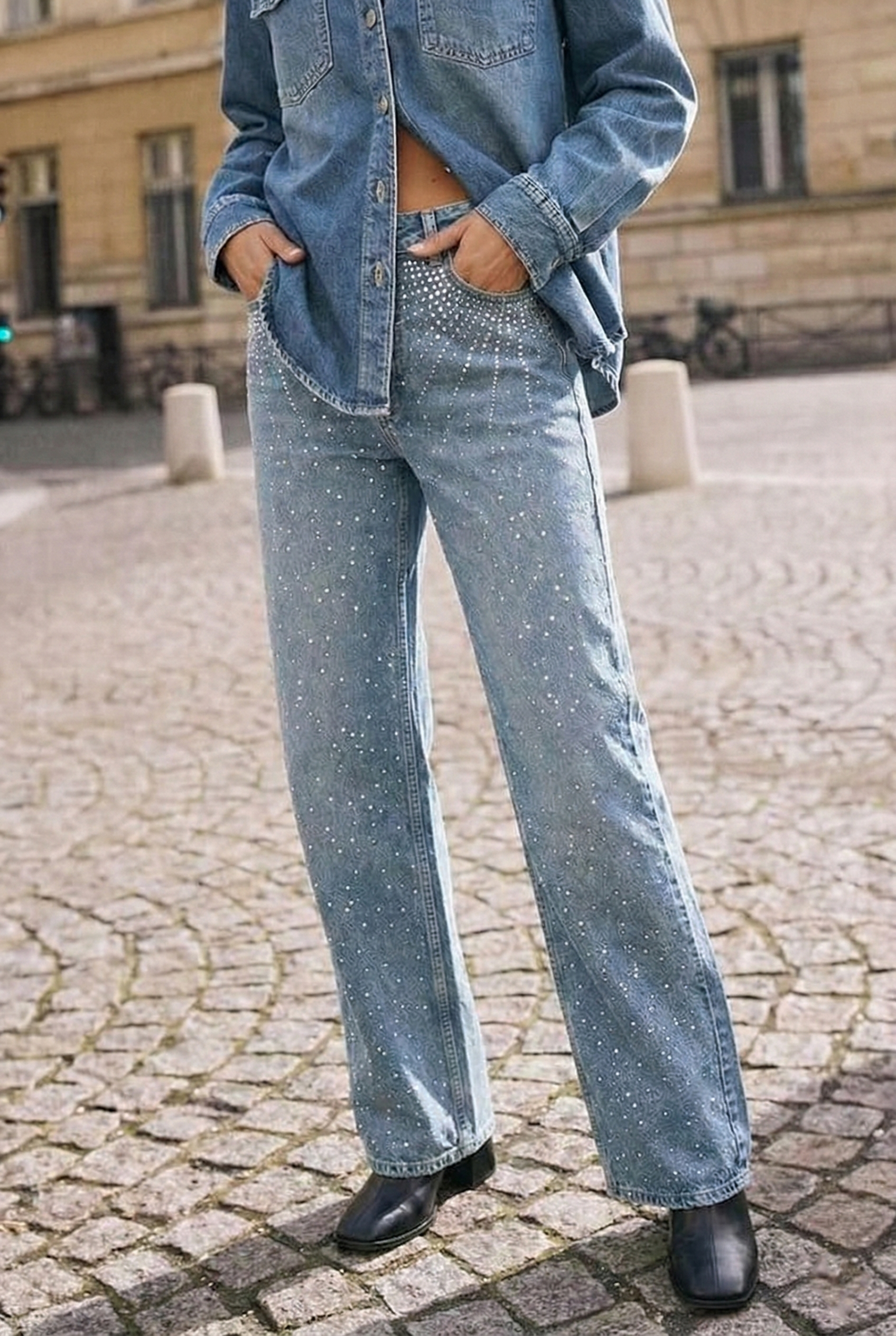 Women's Casual Rhinestone Embellished Wide Leg Jeans