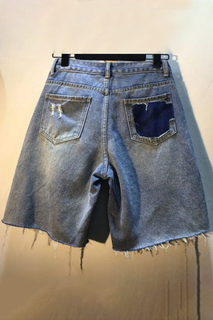 Women's Fashionable And Casual Thick Diamond Bead High Waisted Denim Shorts