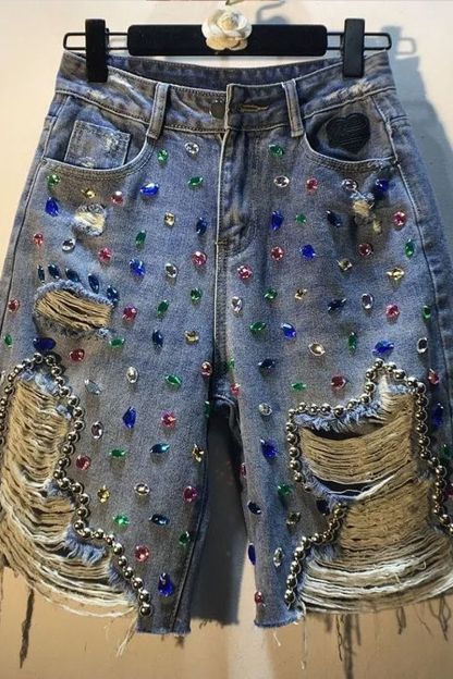 Women's Fashionable And Casual Thick Diamond Bead High Waisted Denim Shorts