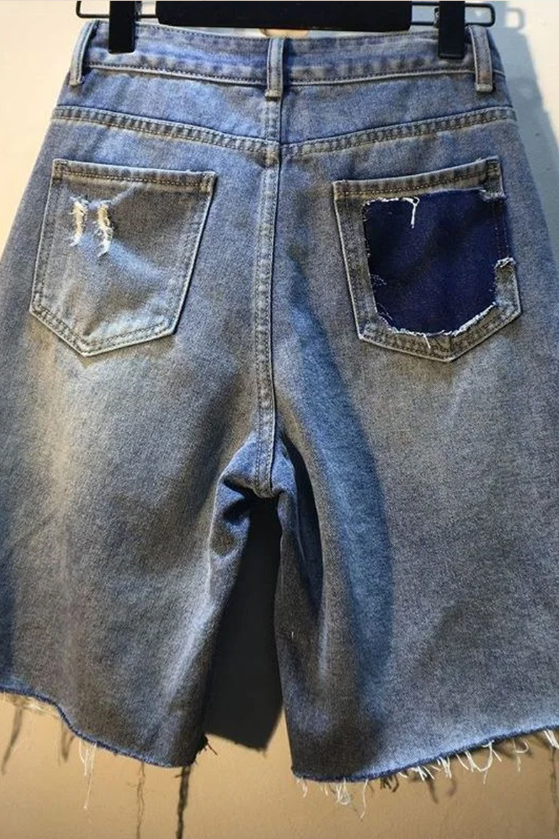 Women's Fashionable And Casual Thick Diamond Bead High Waisted Denim Shorts