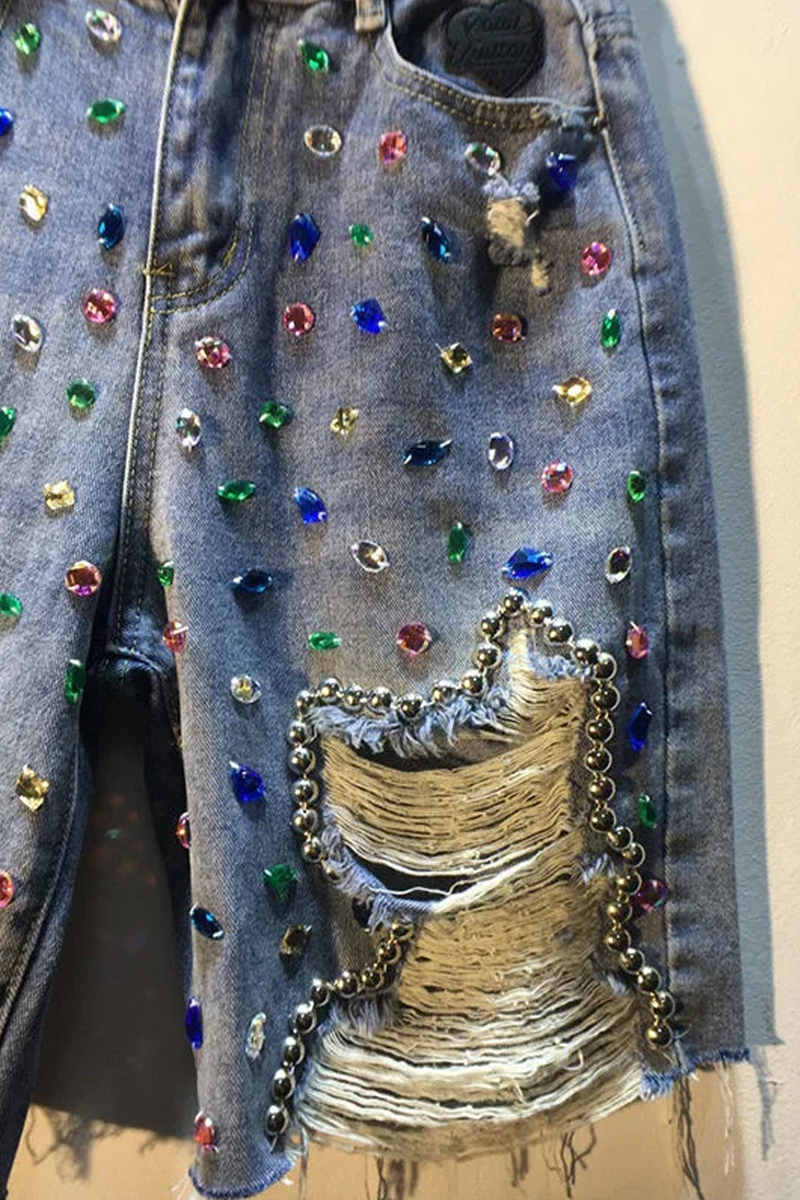 Women's Fashionable And Casual Thick Diamond Bead High Waisted Denim Shorts