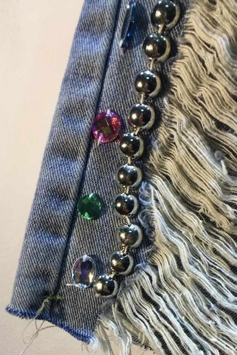 Women's Fashionable And Casual Thick Diamond Bead High Waisted Denim Shorts