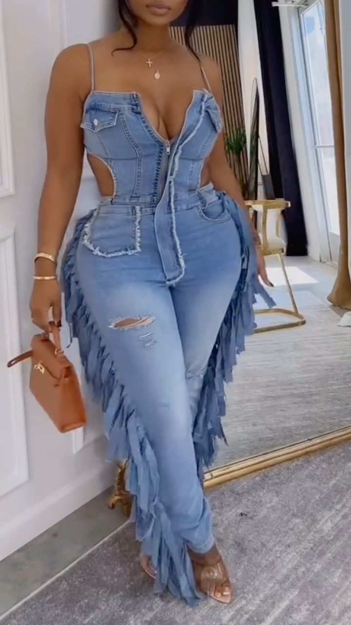 Womens Strappy Patchwork Sexy Casual Denim Jumpsuit