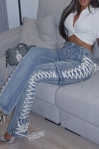 Women's Casual Lace Up Flared Jeans