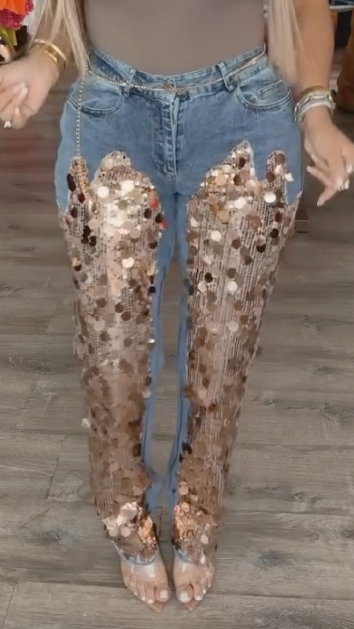 Women's Sequined Patchwork Casual Denim Pants