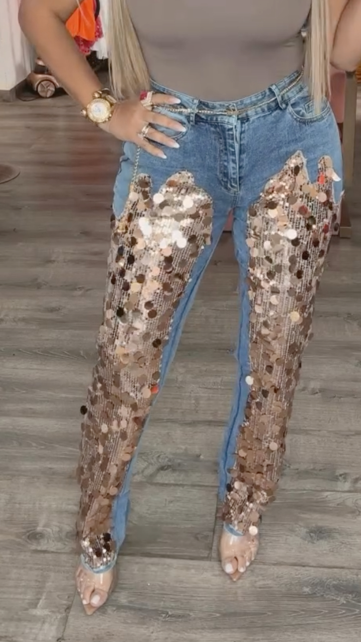 Women's Sequined Patchwork Casual Denim Pants