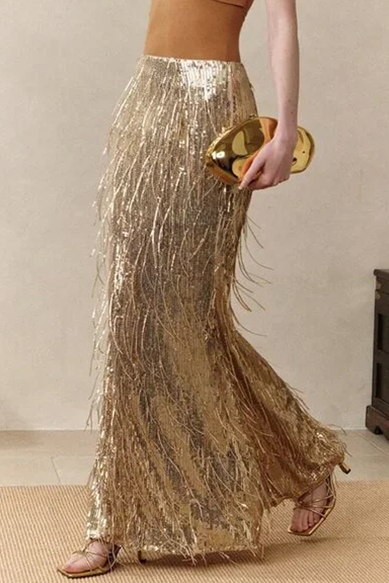 Golden Party Ladies Sequin Fringe Mermaid Long Dress