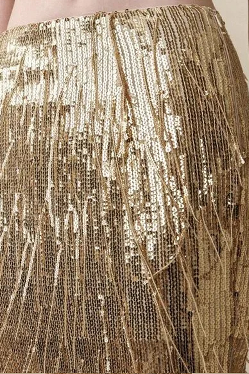 Golden Party Ladies Sequin Fringe Mermaid Long Dress