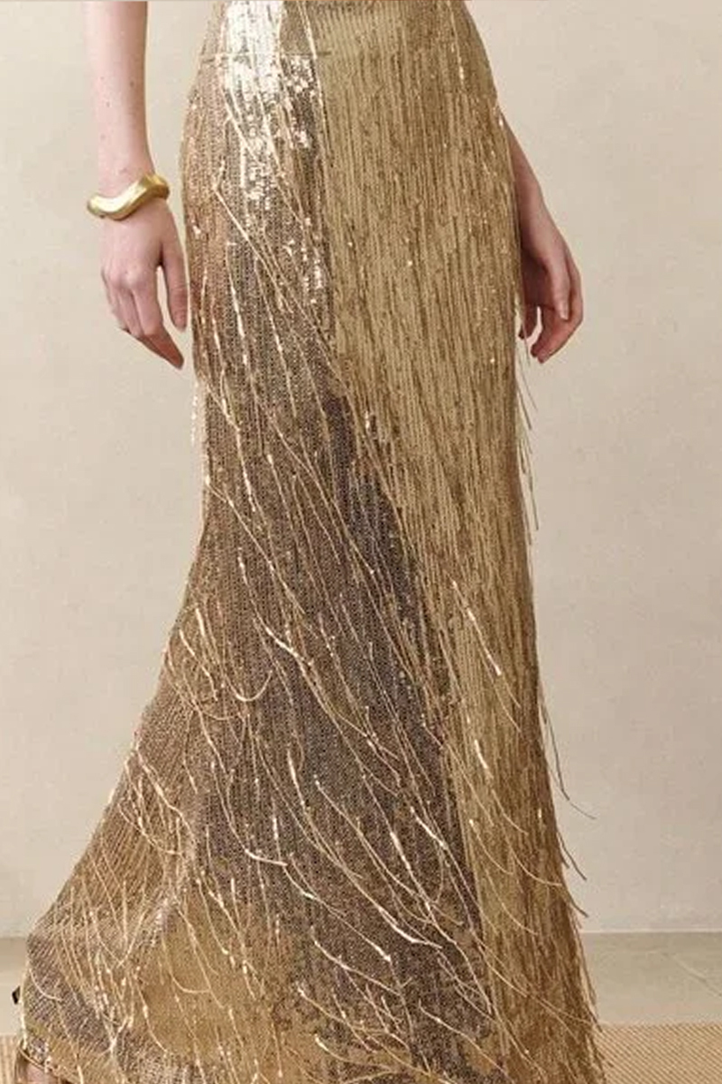 Golden Party Ladies Sequin Fringe Mermaid Long Dress