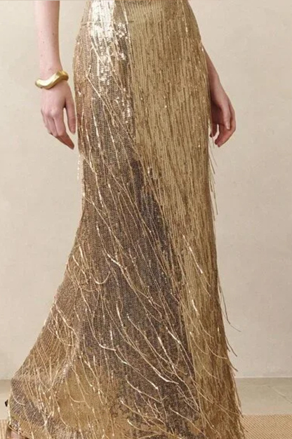 Golden Party Ladies Sequin Fringe Mermaid Long Dress