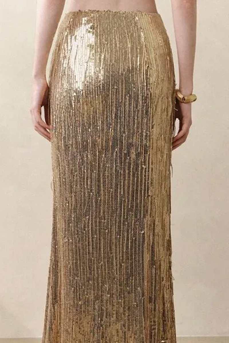 Golden Party Ladies Sequin Fringe Mermaid Long Dress